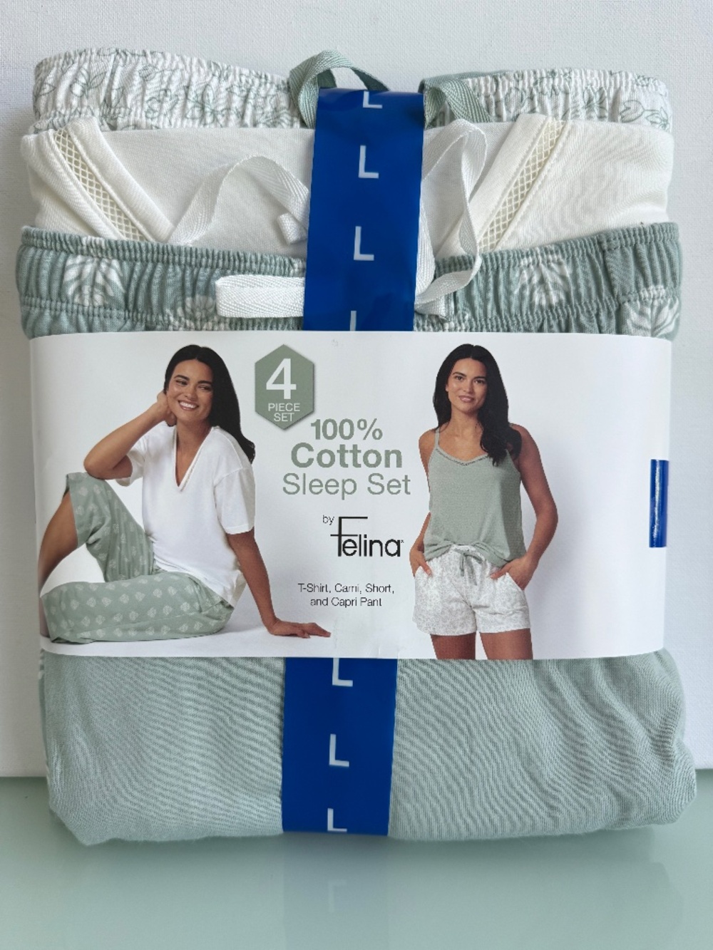 Felina 4 Piece Cotton Sleep Set Sage Green Ivory Pajama Set NWT Size L